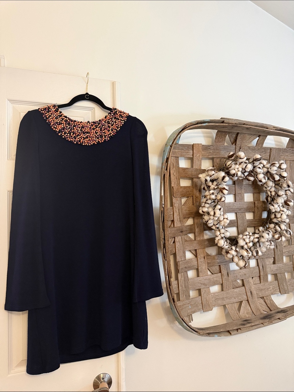 Theme Navy Long Sleeve Dress with Beaded Collar